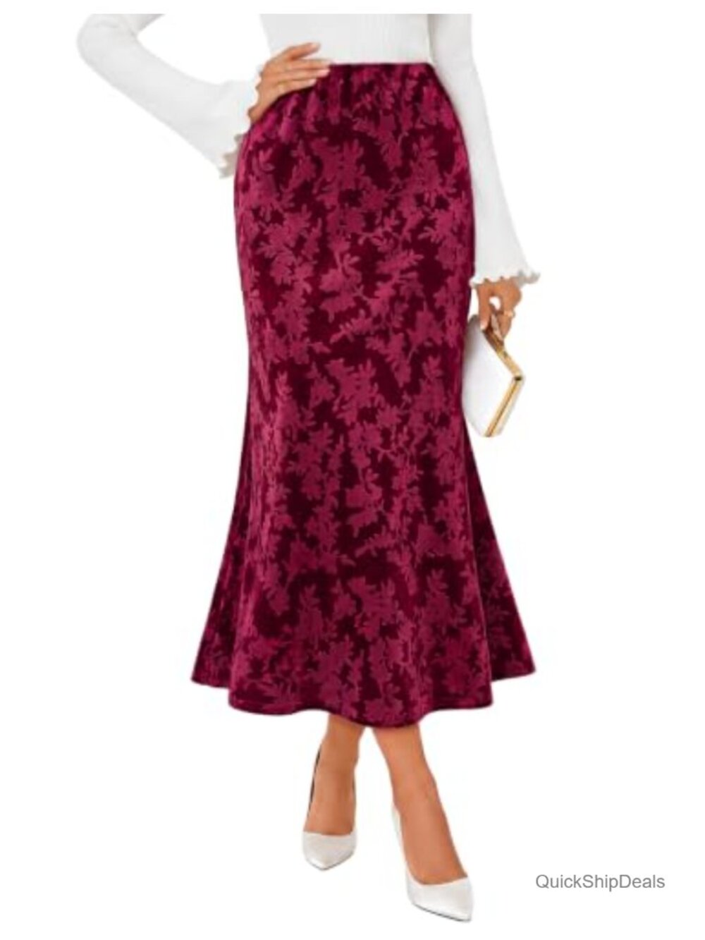 Women's Floral Velvet Maxi Skirt High Waist Mermaid Flowy Fall